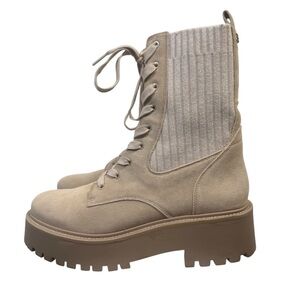 Sam Edelman Evina Tan Knit Fabric & Suede Lace Up Combat Boots Lug Sole Size 8.5